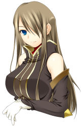 Rule 34 | 00s, 1girl, bare shoulders, blue eyes, breasts, brown hair, detached sleeves, hair over one eye, huge breasts, long hair, ribucci, simple background, solo, tales of (series), tales of the abyss, tear grants, very long hair, white background