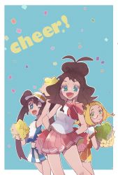 Rule 34 | 3girls, :d, ;d, antenna hair, bare arms, bianca (pokemon), blonde hair, border, bow, cheering, cheerleader, commentary request, confetti, creatures (company), double bun, english text, eyelashes, fang, game freak, glasses, green eyes, hair bun, highres, hilda (pokemon), holding, holding pom poms, long hair, looking at viewer, misha (ohds101), multiple girls, nintendo, one eye closed, open mouth, outline, pink skirt, pleated skirt, pokemon, pokemon bw, pokemon masters ex, pom pom (cheerleading), pom poms, rosa (pokemon), semi-rimless eyewear, shirt, short sleeves, skin fang, skirt, smile, tongue, twintails