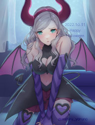Rule 34 | 1girl, 2022, blush, breasts, cleavage, cleavage cutout, clothing cutout, collarbone, dated, elbow gloves, fake horns, fingerless gloves, gloves, green eyes, grey hair, hairband, halloween costume, happy halloween, heart cutout, highres, horns, large breasts, long hair, looking at viewer, midriff, miniskirt, navel, parted lips, persona, persona 5, pleated skirt, purple gloves, purple thighhighs, red hairband, red skirt, skirt, solo, stomach, striped clothes, striped gloves, swept bangs, takamaki anne, thighhighs, twitter username, yoruno mahiru, zettai ryouiki
