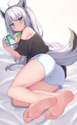 Rule 34 | 1girl, absurdres, ahoge, animal ear fluff, animal ears, ass, barefoot, bed sheet, black hairband, black shirt, blush, commentary request, feet, fox ears, fox girl, fox tail, green eyes, hair between eyes, hairband, handheld game console, highres, holding, holding handheld game console, hololive, kajitsu no hito, long hair, looking at viewer, looking back, lying, nintendo switch, on side, shirakami fubuki, shirakami fubuki (loungewear), shirt, shorts, sidelocks, soles, solo, tail, virtual youtuber, white background, white hair, white shorts