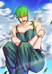 Rule 34 | 1girl, bare arms, breasts, closed eyes, cloud, collarbone, crossed arms, eyelashes, foo fighters (jojo), green hair, green lips, highres, jojo no kimyou na bouken, josukemanura, korean commentary, leaf, lipstick, makeup, open mouth, outdoors, short hair, sky, small breasts, smile, solo, stone ocean, teeth
