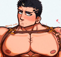 Rule 34 | 1boy, alternate facial hair, bad id, bad tumblr id, bara, bare pectorals, blush, chest harness, cross, embarrassed, envy-soda, facial hair, goatee, harness, large pectorals, looking at viewer, male focus, mature male, muscular, muscular male, nipples, official alternate costume, pectoral focus, pectorals, pulling another&#039;s clothes, short hair, sideburns, solo focus, stubble, thick eyebrows, tokyo houkago summoners, upper body, zabaniyya (fashionista swimsuit) (housamo), zabaniyya (housamo)