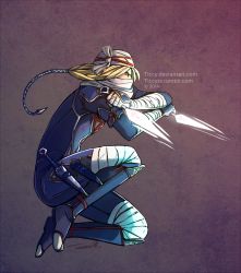 Rule 34 | 1girl, androgynous, bandages, blonde hair, braid, gloves, hat, hyrule warriors, knife, long hair, mask, nintendo, pointy ears, red eyes, reverse trap, sheik, surcoat, the legend of zelda, the legend of zelda: ocarina of time, ticcy, weapon