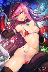 Rule 34 | 1girl, :p, areola slip, armor, armored boots, artist name, between legs, bikini, bikini armor, blue eyes, blush, boots, breasts, cape, dated, earrings, ecell, elbow gloves, elizabeth bathory (brave) (fate), elizabeth bathory (fate), fate/grand order, fate (series), gloves, halloween, horns, jewelry, long hair, looking at viewer, loose bikini, navel, pink hair, pointy ears, red bikini, shield, small breasts, solo, strap slip, swimsuit, tail, tail between legs, thighhighs, tongue, tongue out, white cape