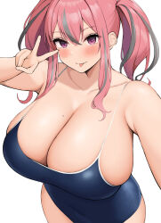Rule 34 | 1girl, :p, absurdres, azur lane, bare arms, black one-piece swimsuit, blush, breasts, bremerton (azur lane), collarbone, grey hair, hair between eyes, highres, huge breasts, looking at viewer, mole, mole on breast, multicolored hair, neneneji, one-piece swimsuit, pink hair, school swimsuit, sidelocks, simple background, smile, solo, standing, streaked hair, swimsuit, tongue, tongue out, twintails, two-tone hair, v, white background