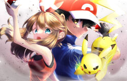 1boy 1girl ash_ketchum black_hair black_tank_top blue_jacket brown_eyes brown_hair creatures_(company) electricity facial_mark fingerless_gloves game_freak gen_1_pokemon gloves hat highres holding jacket looking_at_viewer may_(pokemon) nintendo open_mouth pikachu poke_ball poke_ball_(basic) pokemon pokemon_(anime) pokemon_(creature) pokemon_oras pokemon_xy_(anime) red_shirt shirt sidelocks smile tank_top yksrremt