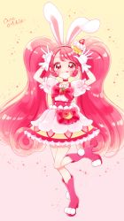 Rule 34 | 1girl, :q, animal ears, bow, brooch, cake hair ornament, character name, choker, cure whip, dress, food-themed brooch, food-themed hair ornament, food-themed ornament, full body, gloves, gradient background, hair ornament, hairband, highres, jewelry, kirakira precure a la mode, kuzumochi, long hair, magical girl, pink background, pink bow, pink choker, pink eyes, pink footwear, pink hair, pouch, precure, puffy sleeves, rabbit ears, red hairband, shoes, short dress, solo, standing, standing on one leg, star (symbol), star in eye, symbol in eye, tongue, tongue out, twintails, usami ichika, waist bow, white dress, white gloves, yellow background