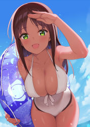 Rule 34 | 1girl, alice gear aegis, armpits, bare shoulders, blue sky, blush, breasts, brown hair, cleavage, collarbone, commentary request, covered erect nipples, cowboy shot, dark-skinned female, dark skin, day, green eyes, innertube, kaneshiya sitara, large breasts, light particles, lips, long hair, looking at viewer, lunch (shin new), nipples, ocean, one-piece swimsuit, open mouth, parted bangs, skindentation, sky, solo, standing, swim ring, swimsuit, thighs