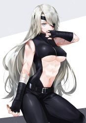 Rule 34 | 1girl, abs, bandaged arm, bandages, belt, black belt, black pants, blue eyes, breasts, buckle, center opening, commentary request, covering own mouth, cowboy shot, eyepatch, fingerless gloves, gloves, hand up, highres, large breasts, long hair, looking at viewer, messy hair, midriff, multicolored background, navel, one-eyed, original, pants, parted bangs, scar, sidelocks, silver hair, solo, toned, underboob, waka (shark waka), zipper