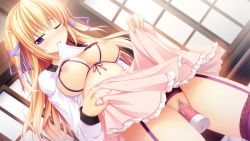 Rule 34 | 1girl, blonde hair, blush, breasts, censored, clothes lift, dildo, game cg, garter straps, kanojo wa ecchi de midara na hentai, large breasts, legs, long hair, looking away, mole, mouth hold, nipples, purple eyes, pussy, sex toy, skirt, skirt lift, solo, sorai shin&#039;ya, standing, thighhighs, thighs, twintails, vibrator, wince