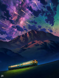Rule 34 | commentary request, grass, highres, milky way, mountain, mugumo 24k, night, night sky, no humans, original, outdoors, revision, scenery, sky, star (sky), starry sky, train