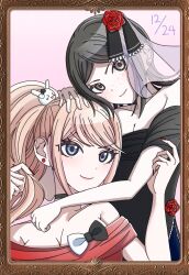 black_dress black_hair blonde_hair blue_eyes breasts cleavage danganronpa:_trigger_happy_havoc danganronpa_(series) dress enoshima_junko fingernails flower grey_eyes hair_flower hair_ornament ikusaba_mukuro incest nail_polish pink_background rabbit_hair_ornament red_dress red_nails rose siblings simple_background sisters tagme twincest twins twintails yuri