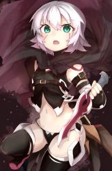 Rule 34 | 1girl, absurdres, bandaged arm, bandages, black gloves, black panties, black thighhighs, breasts, cloak, crop top, dagger, facial scar, fate/apocrypha, fate (series), fingerless gloves, gloves, green eyes, highres, hip focus, holding, holding sword, holding weapon, jack the ripper (fate/apocrypha), knife, looking at viewer, midriff, navel, open mouth, panties, ranf, scar, scar across eye, scar on cheek, scar on face, short hair, small breasts, solo, sword, thighhighs, thighs, turtleneck, underwear, unsheathed, weapon, white hair