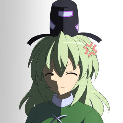 Rule 34 | &gt;:), 1girl, ^ ^, anger vein, cato (monocatienus), closed eyes, false smile, gradient background, green hair, hat, long hair, shaded face, smile, soga no tojiko, solo, tate eboshi, touhou, upper body, v-shaped eyebrows
