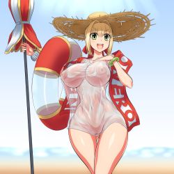 Rule 34 | 10s, 1girl, ahoge, beach, blonde hair, blouse, blue sky, bottomless, breasts, clitoris, cosplay, day, fate/extra, fate (series), female focus, gluteal fold, green eyes, hair intakes, hat, innertube, jadf, large areolae, large breasts, legs together, looking at viewer, navel, nero claudius (fate), nero claudius (fate) (all), nero claudius (fate/extra), nipples, no bra, no panties, ocean, open mouth, outdoors, pussy, sand, see-through, shiny skin, shirt, short hair, sky, smile, solo, straw hat, swim ring, t-shirt, tamamo (fate), tamamo no mae (swimsuit lancer) (fate), tamamo no mae (swimsuit lancer) (fate) (cosplay), tamamo no mae (swimsuit lancer) (second ascension) (fate), thigh gap, umbrella, uncensored, wet, wet clothes, wet shirt, white shirt, wide hips