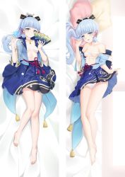 Rule 34 | 1girl, ayaka (genshin impact), bare legs, bare shoulders, barefoot, bed sheet, black bow, blue eyes, blue hair, blue jacket, blue skirt, blunt bangs, bow, breasts, cleavage, closed mouth, clothes lift, collarbone, dakimakura (medium), from above, full body, genshin impact, hair bow, hair ribbon, hand fan, high ponytail, holding, holding fan, jacket, lifted by self, long hair, looking at viewer, lying, miniskirt, moeanime, on back, on side, open clothes, open jacket, open mouth, panties, pillow, pleated skirt, red ribbon, ribbon, sarashi, sidelocks, skirt, skirt lift, small breasts, smile, solo, underboob, underwear, very long hair, white panties