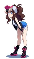 1girl :o absurdres ass bare_arms bare_legs bare_shoulders baseball_cap black_socks black_vest black_wristband blue_shorts breasts brown_hair creatures_(company) denim denim_shorts from_behind full_body game_freak grimmelsdathird hat high_ponytail highres hilda_(pokemon) long_hair looking_at_viewer nintendo poke_ball_print pokemon pokemon_bw shirt short_shorts shorts sidelocks socks solo sweat vest white_background white_hat white_shirt wide_hips