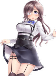 Rule 34 | 1girl, ahoge, belt, blush, bow, breasts, brown hair, clothes lift, commentary request, eyepatch, garter straps, hair over one eye, highres, large breasts, legs together, long hair, long sleeves, looking at viewer, medical eyepatch, multiple belts, neit ni sei, open mouth, original, panties, pantyshot, purple eyes, shirt, side-tie panties, skirt, skirt lift, smile, solo, suspenders, sweatdrop, thighhighs, underwear, white background, white shirt