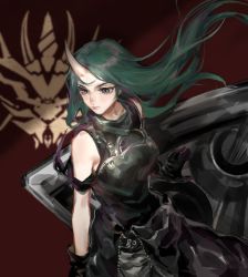 Rule 34 | 1girl, 7ryryry, arknights, bare shoulders, black gloves, black shirt, chinese commentary, clothes around waist, commentary request, cowboy shot, floating hair, from above, gloves, green hair, grey eyes, hannya (arknights), highres, horns, hoshiguma (arknights), long hair, looking ahead, red background, shield, shirt, single horn, skin-covered horns, sleeveless, sleeveless shirt, solo