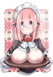 Rule 34 | 1girl, blue eyes, blush, breast rest, breasts, breasts on tray, breasts out, carried breast rest, carrying, collar, gloves, large breasts, looking at viewer, maid, maid headdress, nipples, original, pink hair, smile, solo, stamp, takagi (tansuke), tansuke, tray, upper body, white gloves