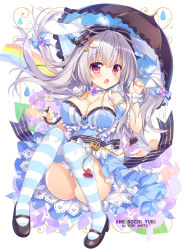 Rule 34 | 1girl, :o, ameto yuki, animal ears, ass, black footwear, blanc (ameto yuki), blue dress, blush, breasts, choker, cleavage, commentary request, crescent, crescent hair ornament, detached sleeves, dress, floating hair, flower, frilled choker, frills, full body, hair ornament, hair ribbon, hand up, highres, holding, holding umbrella, hydrangea, large breasts, long hair, looking at viewer, mary janes, open mouth, original, rainbow, red eyes, ribbon, shoes, silver hair, sky print, solo, striped clothes, striped thighhighs, thighhighs, umbrella