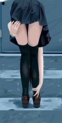 Rule 34 | 1girl, bent over, black thighhighs, bracelet, commentary request, facing away, from behind, full body, hand on ankle, hand on own leg, highres, holding own ankle, jewelry, legs, loafers, lower body, miniskirt, original, over-kneehighs, pleated skirt, road, sayaoflin, shoes, skirt, skirt tug, solo, standing, street, thigh gap, thighhighs, zettai ryouiki