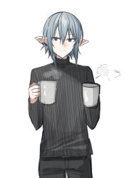 Rule 34 | 1boy, black pants, black sweater, blue eyes, chihuri, closed mouth, cup, final fantasy, final fantasy xiv, grey hair, hair between eyes, hands up, haurchefant greystone, highres, holding, holding cup, looking at viewer, male focus, mug, pants, pointy ears, ribbed sweater, simple background, smile, solo, steam, sweater, turtleneck, turtleneck sweater, white background
