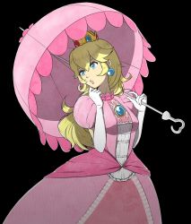 Rule 34 | 1girl, black background, blonde hair, blue eyes, breasts, brooch, clenched hand, crown, dress, earrings, elbow gloves, eyelashes, fire emblem, fire emblem fates, frilled dress, frills, gloves, hands up, highres, holding, holding umbrella, jewelry, lips, lithety, long hair, looking to the side, mario (series), medium breasts, nintendo, nostrils, official style, over shoulder, parasol, parted lips, pink dress, pink lips, pink umbrella, princess peach, puffy short sleeves, puffy sleeves, shade, short sleeves, simple background, solo, super mario bros. 1, umbrella, white gloves
