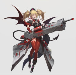 Rule 34 | 1girl, :d, absurdres, black dress, blonde hair, blood, blood bag, breasts, commentary, costume request, demon tail, demon wings, detached sleeves, dkxlek, dress, full body, grey background, hair between eyes, hat, highres, holding, holding weapon, large syringe, legs, looking at viewer, open mouth, original, oversized object, pink eyes, red legwear, sharp teeth, sidelocks, simple background, small breasts, smile, solo, standing, syringe, tail, teeth, thighs, tongue, twintails, weapon, wings