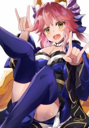 Rule 34 | 1girl, absurdres, animal ear fluff, animal ears, blue kimono, blue ribbon, blue thighhighs, blush, breasts, cleavage, double fox shadow puppet, fang, fate/extella, fate/extra, fate/extra ccc, fate/grand order, fate (series), fox ears, fox girl, fox shadow puppet, fox tail, hair ribbon, highres, japanese clothes, kimono, large breasts, looking at viewer, open mouth, pink hair, revision, ribbon, same (sendai623), simple background, solo, tail, tamamo (fate), tamamo no mae (fate/extra), thighhighs, white background, yellow eyes