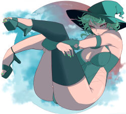 Rule 34 | 1girl, absurdres, alternate breast size, ass, bare shoulders, breasts, feet, full body, green eyes, green hair, green nails, hat, high heels, highres, huge ass, jobin chan, lingerie, looking at viewer, md5 mismatch, medium breasts, midair, nail polish, one-punch man, resolution mismatch, short hair, solo, source smaller, tatsumaki, thighhighs, toenail polish, toenails, underwear, witch hat