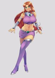 Rule 34 | 1girl, bracer, breasts, covered erect nipples, dc comics, green eyes, highres, jewelry, large breasts, long hair, midriff, miniskirt, navel, red hair, simple background, skirt, solo, sonparesu, starfire, tan, teen titans, thighhighs, very long hair, white background, wide hips, zettai ryouiki
