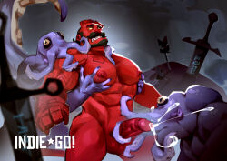 Rule 34 | 1boy, absurdres, after battle, alternate facial hair, arts of indiego, bald spot, bara, beard, blank eyes, broken horn, clenched teeth, colored skin, completely nude, cowboy shot, cum, demon boy, facial hair, full beard, gauntlets, girthy penis, grabbing, grabbing from behind, handjob, hellboy, hellboy (comic), highres, horns, large pectorals, male focus, mature male, monster, monster boy, muscular, muscular male, nipples, nude, octopus, pectoral grab, pectorals, penis, planted, planted sword, planted weapon, projectile cum, red skin, solo focus, strongman waist, sword, teeth, tentacles, tentacles on male, thick thighs, thighs, uncensored, weapon