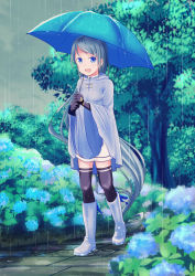 Rule 34 | 1girl, blue eyes, blue footwear, blue hair, blue umbrella, boots, collared shirt, flower, full body, gloves, highres, holding, holding umbrella, hydrangea, kantai collection, long hair, looking at viewer, nature, open mouth, outdoors, poncho, puddle, rain, raincoat, rubber boots, samidare (kancolle), saruwatari goshiki, shirt, smile, solo, striped, swept bangs, thighhighs, tree, umbrella, very long hair, walking, water drop, wet, wet clothes