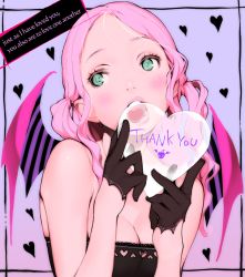 Rule 34 | 1girl, aqua eyes, bare shoulders, bat wings, black gloves, breasts, cleavage, english text, gloves, half gloves, heart, holding, katerina (rondo duo), licking, lips, long hair, pink hair, rondo duo, solo, thank you, tinkle bell, two side up, upper body, wings