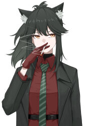 Rule 34 | 1girl, absurdres, animal ear fluff, animal ears, arknights, between fingers, black hair, black jacket, breasts, cigarette, collared shirt, commentary request, diagonal-striped clothes, diagonal-striped necktie, ear piercing, green necktie, highres, holding, holding cigarette, jacket, long hair, long sleeves, necktie, open clothes, open jacket, piercing, red shirt, shirt, sidelocks, simple background, small breasts, smoke, smoking, solo, striped clothes, texas (arknights), upper body, white background, zhuang (masa1298g3)