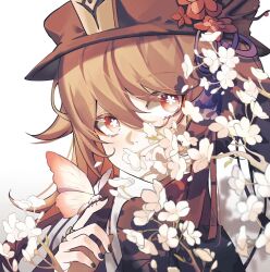 Rule 34 | 1girl, black nails, bright pupils, brown hair, brown hat, bug, butterfly, closed mouth, flower, flower-shaped pupils, genshin impact, hair between eyes, hat, hat flower, hat tassel, highres, hu tao (genshin impact), insect, long hair, looking at viewer, portrait, qxs, red eyes, red flower, simple background, solo, symbol-shaped pupils, white background, white flower, white pupils