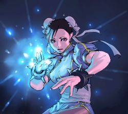 Rule 34 | 1girl, aian, black hair, blue theme, bracelet, capcom, chinese clothes, chun-li, double bun, gif artifacts, glowing, jewelry, open mouth, pantyhose, pelvic curtain, puffy sleeves, short sleeves, solo, spiked bracelet, spikes, street fighter
