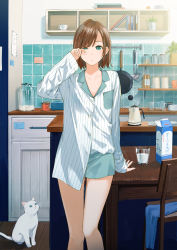 Rule 34 | 1girl, absurdres, aqua eyes, arm support, bare legs, bob cut, book, bottle, brown hair, cat, chair, coffee pot, collarbone, commentary request, cup, cupboard, frying pan, glass, highres, indoors, jar, kitchen, ladle, lid, light rays, milk, milk carton, morning, original, pajamas, parted lips, partially unbuttoned, plant, plate, potted plant, rubbing eyes, sako (35s 00), shirt, short hair, short shorts, shorts, sleepy, sleeves past wrists, solo, sticky note, sunbeam, sunlight, swept bangs, table, untucked shirt, white cat