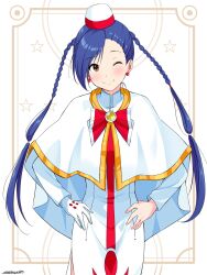Rule 34 | 1girl, aika granzchesta, andanden, aria (manga), blue hair, bow, bowtie, braid, brown eyes, capelet, closed mouth, cowboy shot, earrings, gloves, gold trim, hands on own hips, highres, himeya company uniform, jewelry, looking at viewer, one eye closed, red bow, red bowtie, red headwear, signature, single glove, smile, solo, standing, swept bangs, twin braids, undine (aria), white capelet, white gloves, white headwear