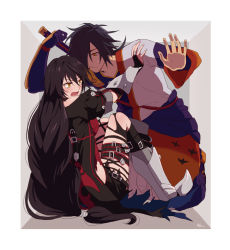 Rule 34 | 1boy, 1girl, akke, armored boots, black coat, black hair, black shorts, boots, border, bridal gauntlets, brown eyes, coat, collarbone, elbow gloves, full body, gloves, hair over one eye, long hair, low-tied long hair, open clothes, open coat, open mouth, purple gloves, rokurou rangetsu, short shorts, short sleeves, shorts, signature, single glove, sweatdrop, tales of (series), tales of berseria, thigh strap, torn clothes, torn legwear, velvet crowe, very long hair, white border