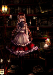 Rule 34 | 1girl, book, book stack, bookshelf, boots, brown hair, bug, butterfly, covering own mouth, dark, dress, emon (glossy black), highres, insect, ladder, lantern, layered dress, library, note, open book, original, picture frame, pinafore dress, red dress, sleeveless, sleeveless dress, solo, standing, table, white dress, yellow eyes