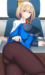 Rule 34 | 1girl, absurdres, black pantyhose, capelet, chair, clothes lift, dress, dress lift, hairband, highres, looking at viewer, low twintails, lying, mitsuba greyvalley, on side, on table, pantyhose, reibun (raven1119), solo, super robot wars, super robot wars 30, table, twintails, white capelet, white hairband