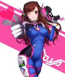 Rule 34 | 1girl, ;), ango, ankkoyom, bad id, bad pixiv id, bodysuit, breasts, brown eyes, brown hair, covered navel, d.va (overwatch), facial mark, finger gun, gloves, gun, headphones, highres, large breasts, lips, long hair, looking at viewer, one eye closed, overwatch, overwatch 1, pilot suit, pointing, pointing at viewer, skin tight, skindentation, smile, solo, swept bangs, weapon, whisker markings, white gloves