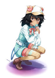Rule 34 | 1girl, andou (girls und panzer), aqua shorts, aqua vest, artist name, baseball cap, black eyes, black hair, bow, bowtie, brooch, brown footwear, collared shirt, commentary, dark-skinned female, dark skin, eating, food, food-themed hat ornament, frilled sleeves, frills, girls und panzer, girls und panzer senshadou daisakusen!, hand on own thigh, hat, hat ornament, holding, holding food, ice cream cone, jewelry, long sleeves, looking at viewer, medium hair, messy hair, official alternate costume, pink bow, pink bowtie, shirt, shoes, shorts, solo, squatting, suspenders, suspenders hanging, thighhighs, white shirt, wing brooch, yellow headwear, yellow thighhighs, yu sakurai06