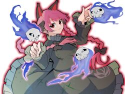 Rule 34 | 1girl, animal ears, black bow, blue eyes, bow, braid, cat ears, dress, extra ears, floral print, ghost, green dress, hitodama, kaenbyou rin, looking at viewer, outline, red eyes, red hair, red outline, shinmon akika, simple background, skull, smile, touhou, twin braids, white background