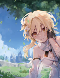 Rule 34 | 1boy, 1girl, bad id, bad pixiv id, bare shoulders, blonde hair, blue sky, blush, breasts, cleavage, flower, genshin impact, gloves, grass, hair between eyes, hair flower, hair ornament, hand on another&#039;s face, highres, kino (m6t2a), looking at viewer, lumine (genshin impact), outdoors, short hair, sky, tartaglia (genshin impact), tree, yellow eyes