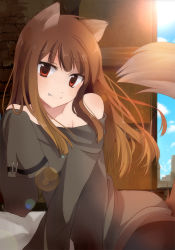 Rule 34 | 00s, 1girl, animal ears, bad id, bad pixiv id, bare shoulders, blush, brown hair, chocho (homelessfox), fang, holo, long hair, red eyes, smile, solo, spice and wolf, tail, wolf ears, wolf tail