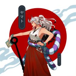 Rule 34 | 1girl, alternate hair color, arm rest, artist name, bare arms, bare shoulders, black hair, chain, character name, closed mouth, club, club (weapon), cuffs, feet out of frame, floating hair, from side, hakama, hakama skirt, hand on own hip, high ponytail, highres, holding, horns, japanese clothes, k164, kanabou, kataginu, long hair, looking afar, mole, mole on arm, multicolored hair, multicolored horns, notebook, one piece, oni, outstretched arm, planted, profile, red eyes, rope, serious, shackles, shimenawa, sidelocks, silver hair, skirt, solo, weapon, yamato (one piece)