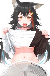 Rule 34 | 1girl, animal ear fluff, animal ears, black hair, breasts, choker, clothes lift, convenient censoring, electric fan, gluteal fold, hair ornament, hairclip, highres, hololive, hood, hoodie, long hair, midriff, multicolored hair, mystery now, navel, ookami mio, ookami mio (casual), open mouth, orange eyes, red hair, shirt lift, simple background, solo, streaked hair, sweat, tail, tail censor, tongue, tongue out, underboob, uvula, virtual youtuber, white background, wolf ears, wolf girl, wolf tail